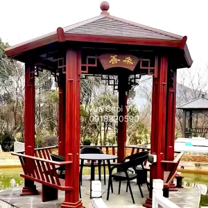 Chòi lục giác hợp kim nhôm màu gỗ sẫm đẹp mắt và tinh tế. Thể hiện gu thẩm mỹ của gia chủ