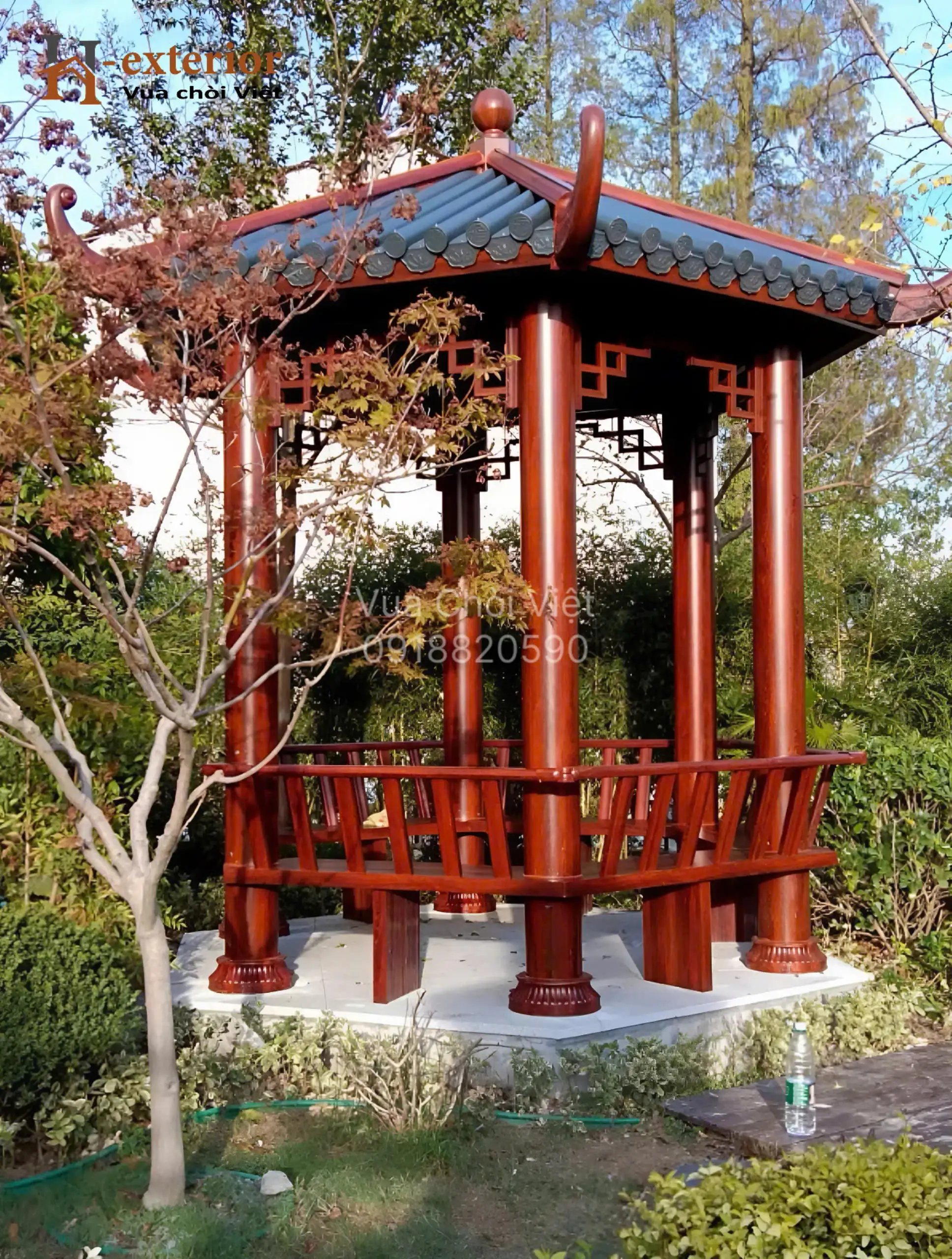 Chòi lục giác hợp kim nhôm một tầng mái cột tròn với thiết kế mái bằng hợp kim nhôm tráng men giống ngói thật