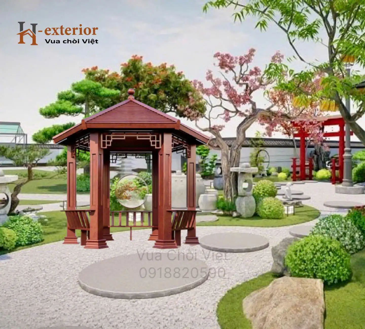 Chòi sân vườn lục giác hợp kim nhôm cao cấp màu gỗ tự nhiên