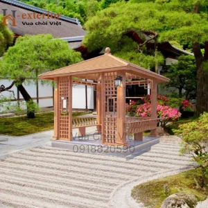 Chòi hợp kim nhôm hình tứ giác cao cấp màu gỗ tự nhiên ấm cúng