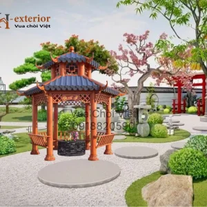 Chòi hợp kim nhôm cao cấp lục giác hai tầng mái với mái thiết kế giống ngói gạch nung tự nhiên