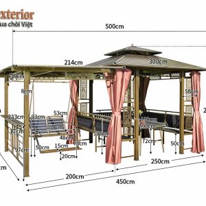 Chòi sân vườn kèm xích đu màu vàng đồng có kích thước rộng rãi