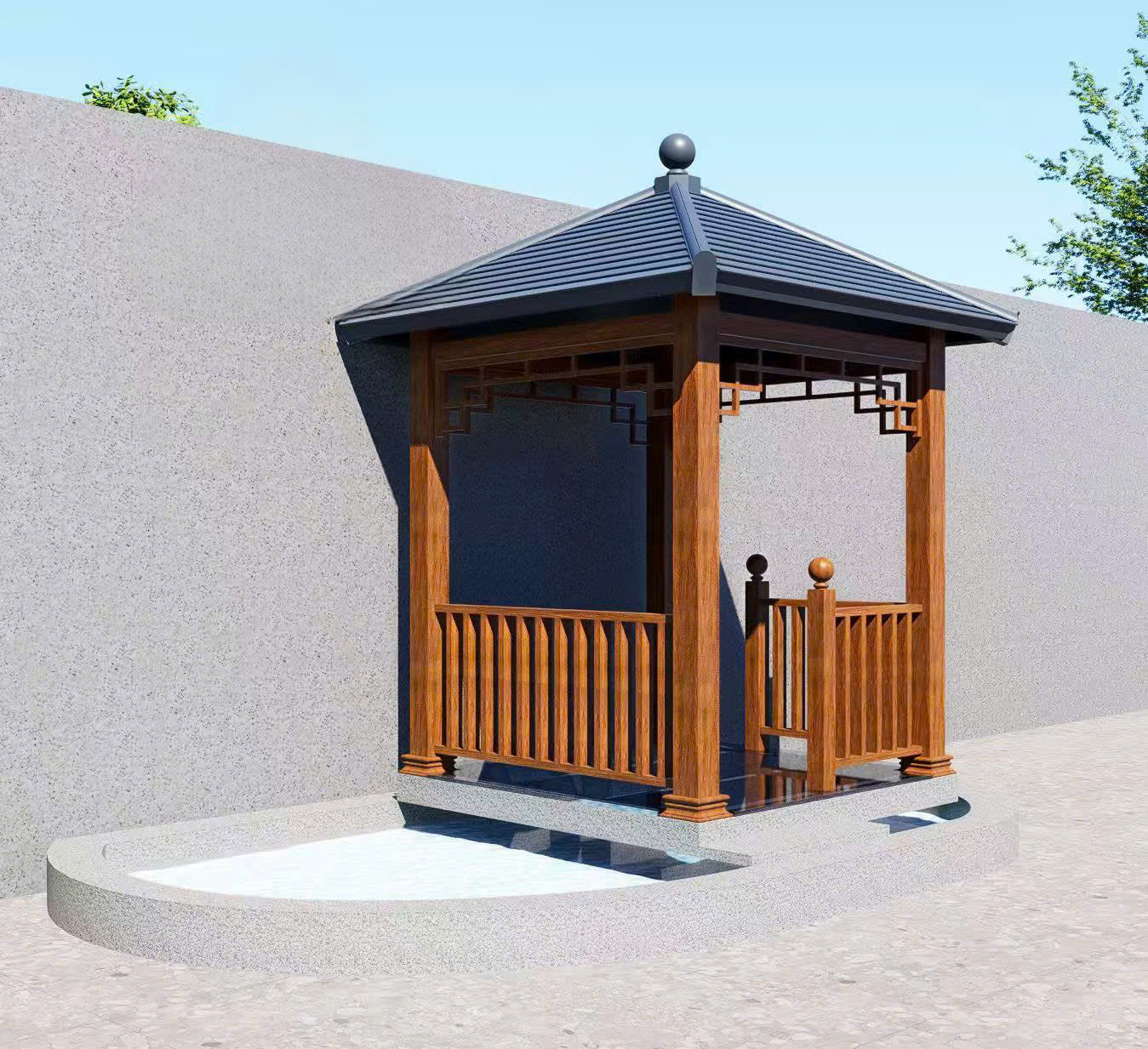 Nhà chòi sân vườn dựng trên mặt hồ Koi. Khung cột bằng hợp kim nhôm màu gỗ, mái màu ghi sang trọng