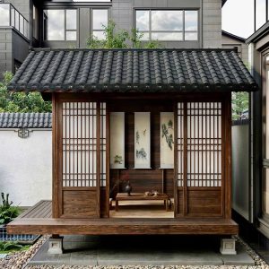 Bên trong nhà chòi thường bày môt bộ bàn trà nhỏ đúng chất Nhật Bản